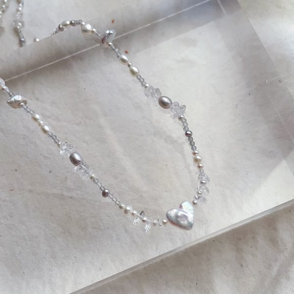 灰藍愛心巴洛克珍珠水晶項鍊