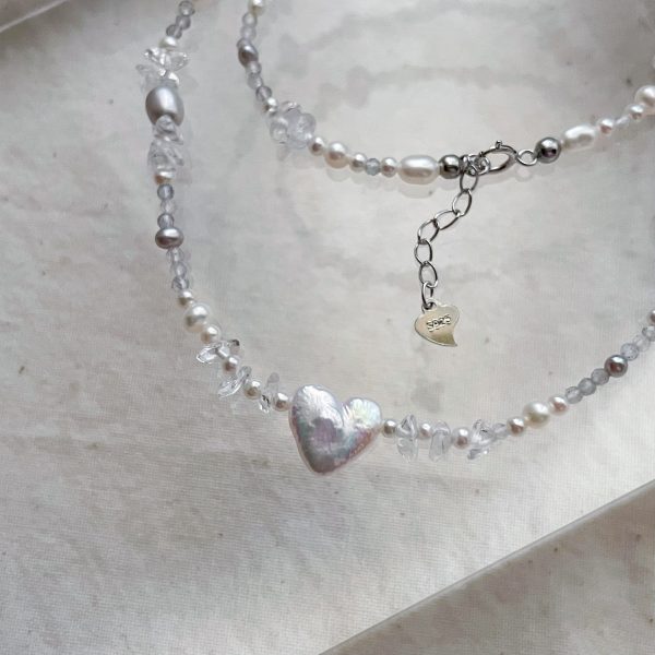 灰藍愛心巴洛克珍珠水晶項鍊