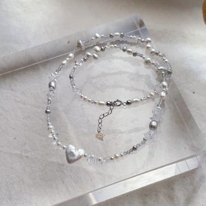 灰藍愛心巴洛克珍珠水晶項鍊