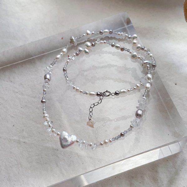 灰藍愛心巴洛克珍珠水晶項鍊