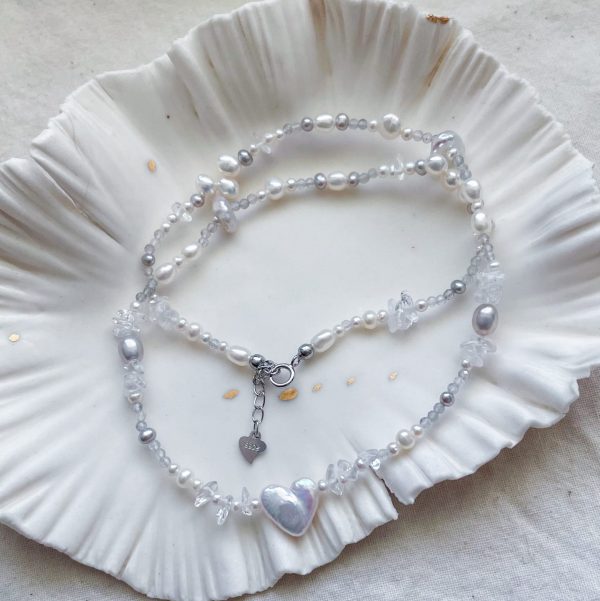 灰藍愛心巴洛克珍珠水晶項鍊