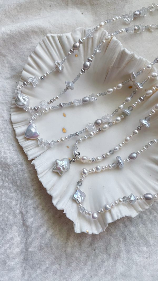 灰藍愛心巴洛克珍珠水晶項鍊