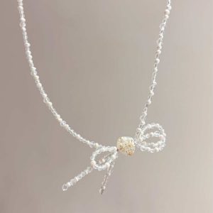 花礦蝴蝶結項鍊-白水晶