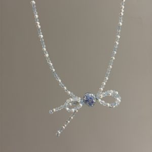 花礦蝴蝶結項鍊-海藍寶