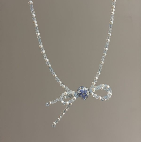 花礦蝴蝶結項鍊-海藍寶