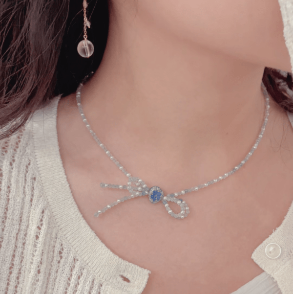 花礦蝴蝶結項鍊-海藍寶