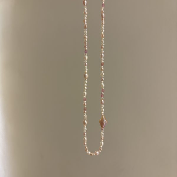 IMG_0250 橘粉四芒星珍珠天然石項鍊