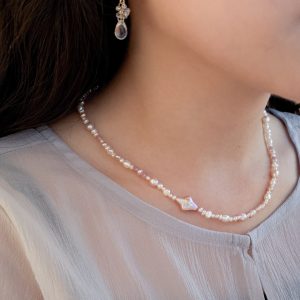 IMG_0305 橘粉四芒星珍珠天然石項鍊