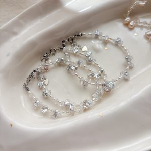 銀藍小花瓣米粒珍珠白水晶手鍊